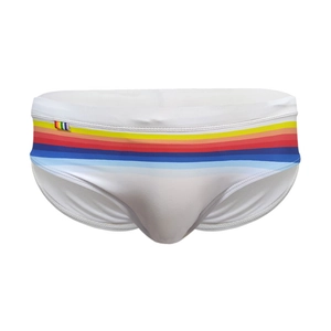 Men's white quick-dry swim briefs featuring vibrant rainbow striped elastic waistband