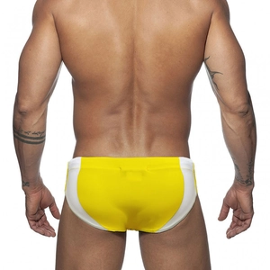 Back view of men's low-rise athletic swim briefs in yellow with white side panels