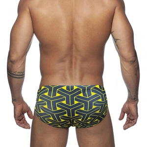 Rear view of men's geometric swim briefs with navy and yellow woven pattern