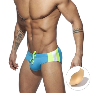 Men's sky blue colorblock swim briefs with side stripes and padded contour cup