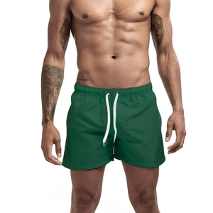Men's quick-dry dark green swim shorts with elastic drawstring waist for beach wear