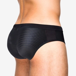 Men's sexy black mesh swim briefs with breathable translucent fabric and 3D cut design
