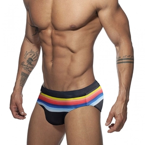 Men's black low-rise swim briefs with vibrant rainbow stripes and athletic slim-fit cut