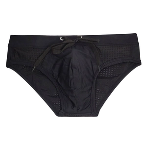 Detail of men's sexy swim briefs featuring breathable mesh panels and drawstring waist tie