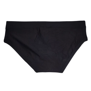 Close-up of black breathable mesh fabric and elastic waistband on men's swim briefs