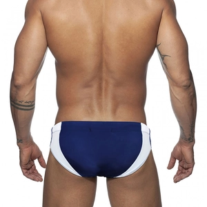 Men's athletic swim briefs in navy and white with streamlined color-block design