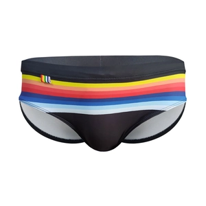 Men's sexy swim briefs in black with colorful rainbow striped print and ergonomic fit