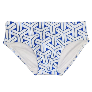 Detail of men's swim briefs with blue and white 3D geometric pattern and breathable lining