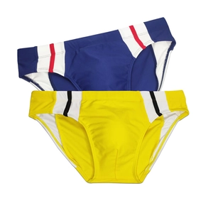 Detail of men's low-rise swim briefs with high-elastic fabric and side color stripes