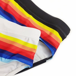 Close-up of rainbow striped men's swim briefs showing black and white elastic waistbands