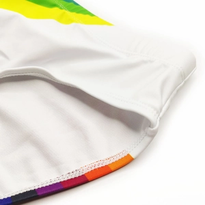 Close-up of men's swim briefs showing white elastic fabric and rainbow stripe detail