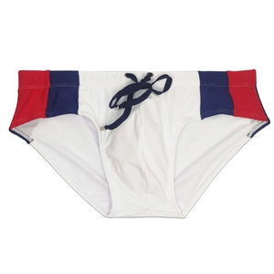 Detail of white men's swim briefs with red and blue side stripes and drawstring