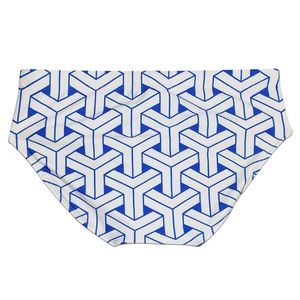 Detailed view of men's swim briefs featuring a blue and white 3D geometric cube pattern