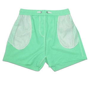Detail view of quick-dry beach shorts with white mesh pockets and drawstring waist