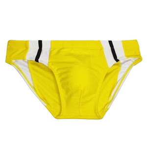 Detailed close-up of yellow men's athletic swimming briefs with black and white side stripes