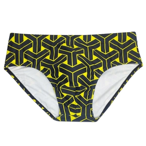 Detail of yellow and navy blue geometric pattern on quick-dry men's swim trunks