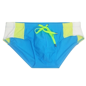 Close-up of sky blue men's swim briefs showing side patchwork and neon yellow drawstring