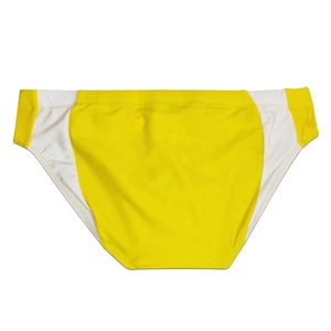 Detailed flat lay of men's athletic swim briefs in yellow and white color block design