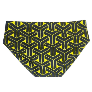 Close-up of men's black swim briefs featuring a yellow geometric Y-pattern weave print