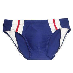 Detail of navy blue men's swim briefs with white contrast panels and red side stripes