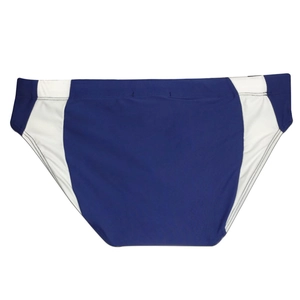 Detailed view of men's athletic swim briefs with blue and white color-block design