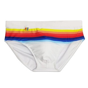 Detail of white men's swim briefs with vibrant rainbow stripes and elastic waistband