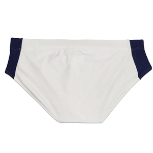 Detailed view of men's white and blue color-block swim briefs with elastic quick-dry fabric