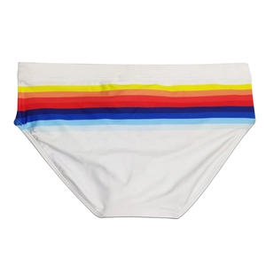 Detail of colorful striped waistband on white men's quick-dry swim briefs