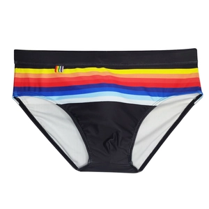 Detailed front view of men's black swim briefs with vibrant rainbow striped pattern