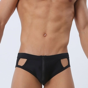 Men's sexy black low-waist swim briefs with front zipper and hollow-out side design
