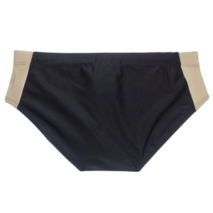 Flat lay of men's black and khaki color-block swim briefs with neat stitching on white background