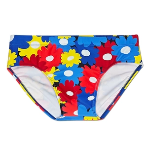 Detail view of men's swim briefs featuring vibrant multicolor floral prints on stretch fabric