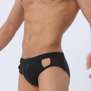 Men's sexy black swim briefs with front zipper, side cut-outs and mesh detail