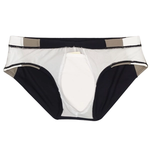 Men's color block swim briefs featuring a built-in protective pouch and elastic waistband