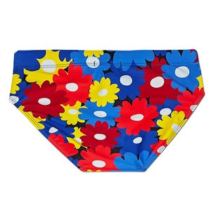 Close-up of vibrant pop art sunflower print on men's stretch swim briefs
