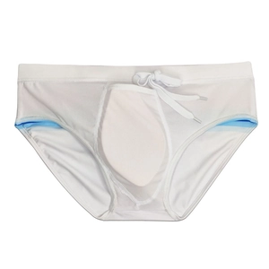 Detail of men's white swim briefs featuring adjustable drawstring and blue inner lining