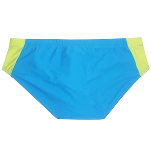 Detail of color-block swim briefs featuring bright blue and neon yellow stretch fabric