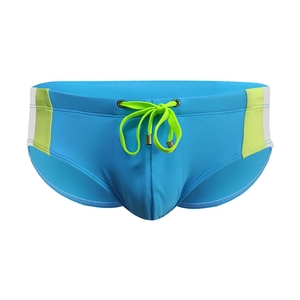 Men's sky blue low-rise swim briefs with side color blocking and drawstring waist