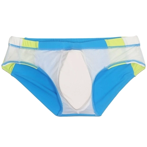 Detail view of the inner lining and removable protective pad of men's swim briefs