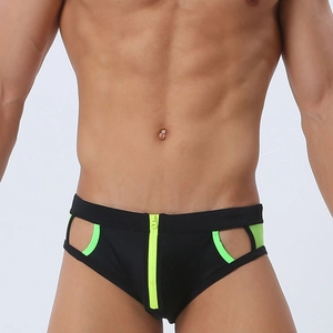 Men Sexy Hollow Front Zipper Swim Briefs Quick Dry Breathable Nylon Spandex Swimming Trunks Low Waist Beachwear Sport Shorts
