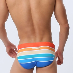 Rear view detail of men's multicolor striped swim briefs with elastic beach fabric