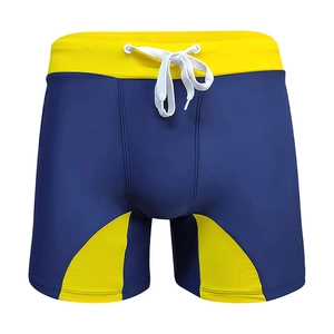 Men's navy blue swimming trunks with reflective yellow panels and adjustable drawstring