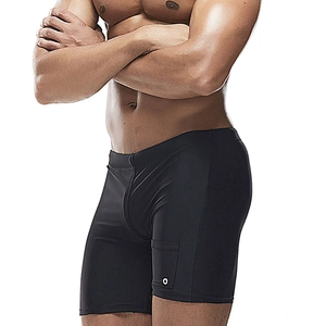 Detailed side pocket of black quick-dry swim trunks with professional metal vent rings