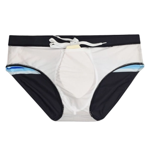 Detail view of men's swim briefs featuring breathable mesh lining and removable foam pad insert