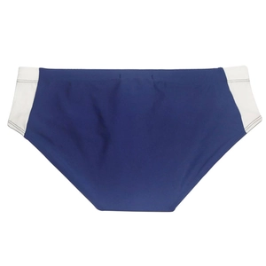 Detail view of men's navy blue and white color-block swim briefs with elastic quick-dry fabric