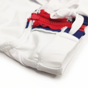 Macro detail of men swim briefs featuring red front zipper and striped waistband