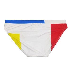 Detailed flat lay of men's geometric color block swim briefs in white, blue and red