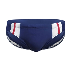 Navy blue men's swim briefs with red white stripes and ergonomic U-convex design