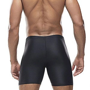 Rear view of black quick-dry swim trunks showing snug fit and premium athletic cut