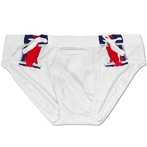 Detail of white swim briefs featuring red side zippers and blue contrast stripes